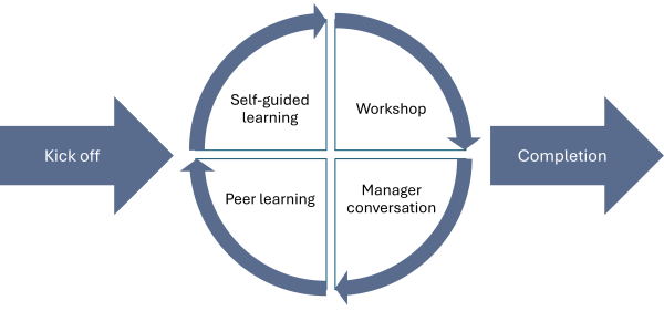 Arrow pointing right with label Kickoff. Cycle with four segments Self-guided learning, Workshop, Manager conversation, Peer learning group then another arrow labelled completion